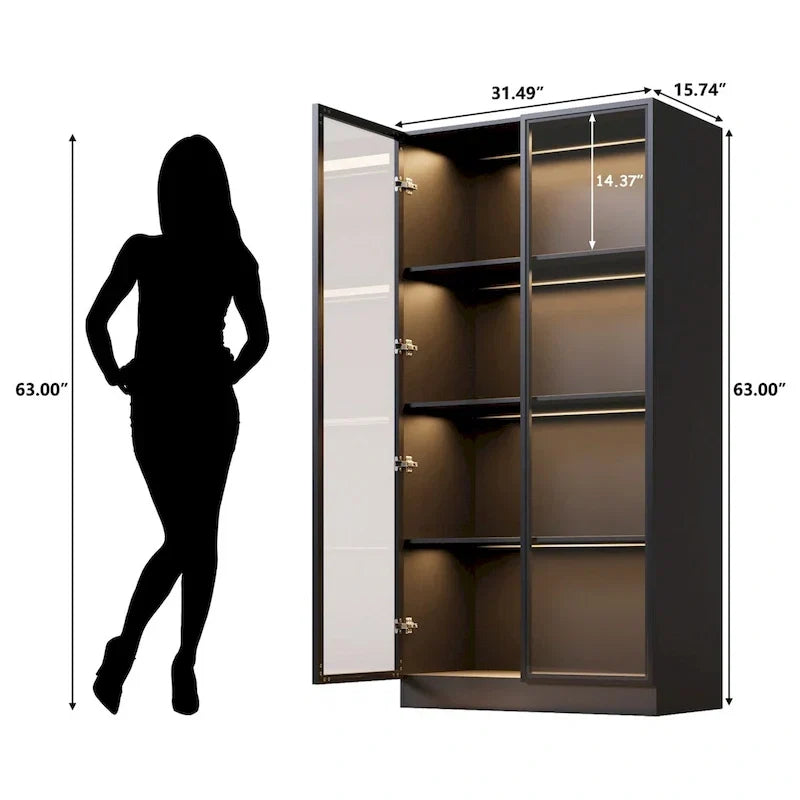 Vitrine de rangement, vitrine avec portes en verre trempé, vitrine avec 4 étagères de rangement