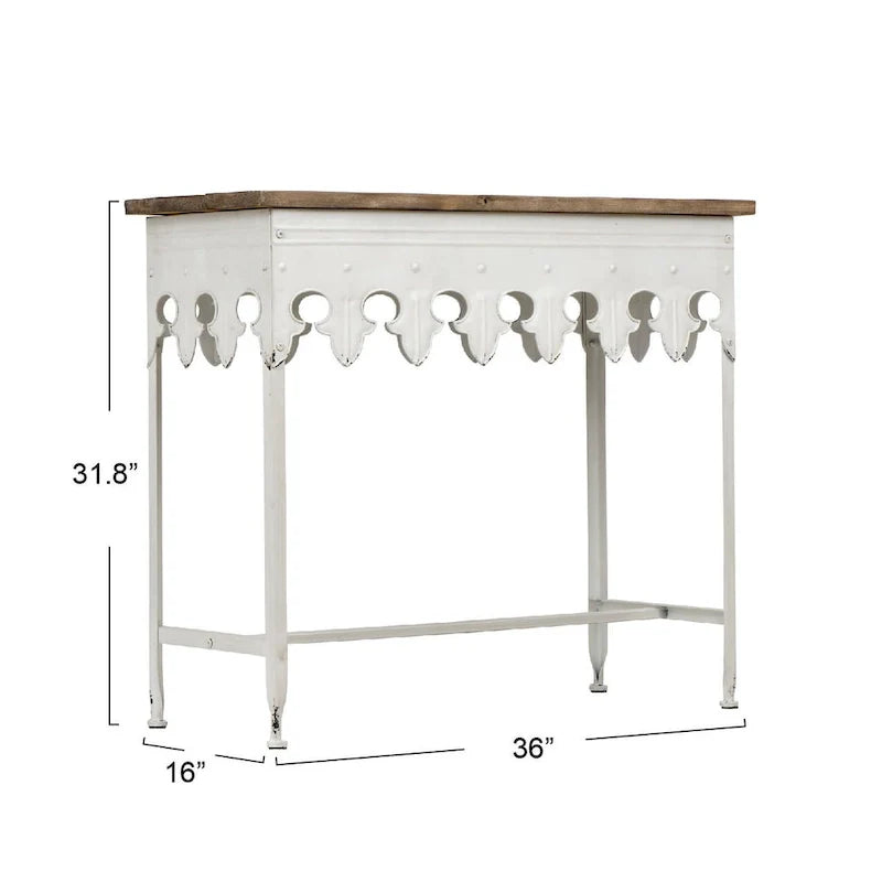 Console en métal finition zinc et bois à bord festonné