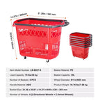 Paniers de courses, lot de 6, chariots de courses 39L avec poignées, paniers de courses roulants en plastique avec roues, grand ensemble de paniers de courses portables, rouge