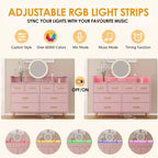 Commode rose à 8 tiroirs avec station de charge, lumières LED RGB, grande commode basse pour chambre, coiffeuse ou installation de jeu