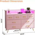 Commode rose à 8 tiroirs avec station de charge, lumières LED RGB, grande commode basse pour chambre, coiffeuse ou installation de jeu