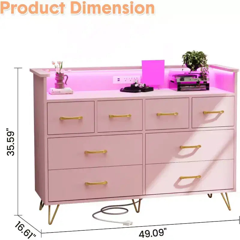 Commode rose à 8 tiroirs avec station de charge, lumières LED RGB, grande commode basse pour chambre, coiffeuse ou installation de jeu