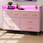 Commode rose à 8 tiroirs avec station de charge, lumières LED RGB, grande commode basse pour chambre, coiffeuse ou installation de jeu