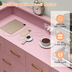 Commode rose à 8 tiroirs avec station de charge, lumières LED RGB, grande commode basse pour chambre, coiffeuse ou installation de jeu