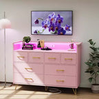 Commode rose à 8 tiroirs avec station de charge, lumières LED RGB, grande commode basse pour chambre, coiffeuse ou installation de jeu