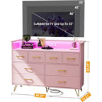 Commode rose à 8 tiroirs avec station de charge, lumières LED RGB, grande commode basse pour chambre, coiffeuse ou installation de jeu