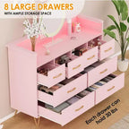 Commode rose à 8 tiroirs avec station de charge, lumières LED RGB, grande commode basse pour chambre, coiffeuse ou installation de jeu
