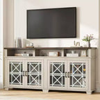 Acekool Farmhouse TV Stand for 70 Inch TV, Modern Entertainment Center with Glass Doors and Storage, Media Console Cabinet for Living Room, White