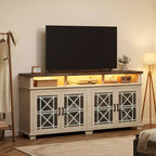 Meuble TV de ferme pour téléviseur de 70 pouces, meuble de divertissement moderne avec portes vitrées et rangement, meuble console média pour salon, blanc