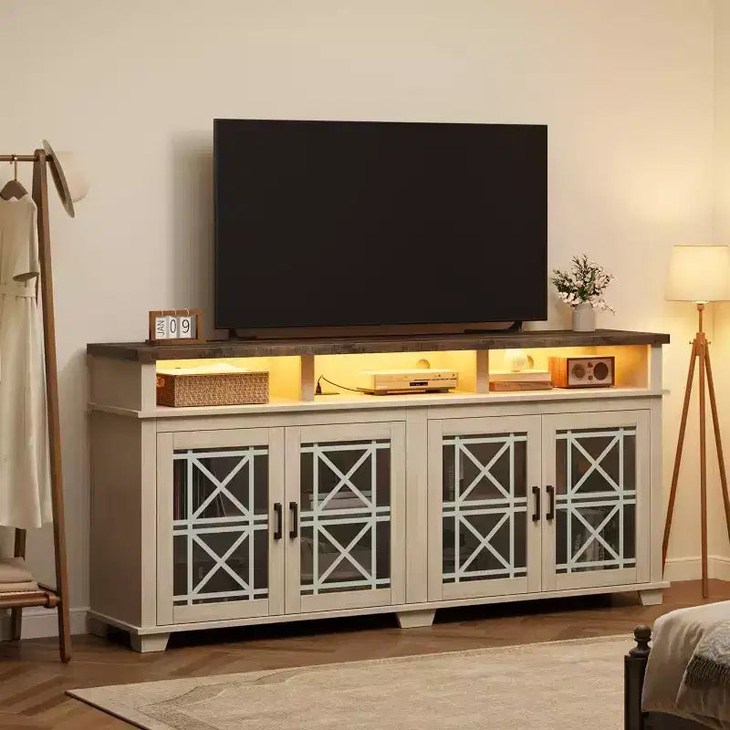 Meuble TV de ferme pour téléviseur de 70 pouces, meuble de divertissement moderne avec portes vitrées et rangement, meuble console média pour salon, blanc