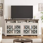 Meuble TV de ferme pour téléviseur de 70 pouces, meuble de divertissement moderne avec portes vitrées et rangement, meuble console média pour salon, blanc