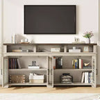 Meuble TV de ferme pour téléviseur de 70 pouces, meuble de divertissement moderne avec portes vitrées et rangement, meuble console média pour salon, blanc