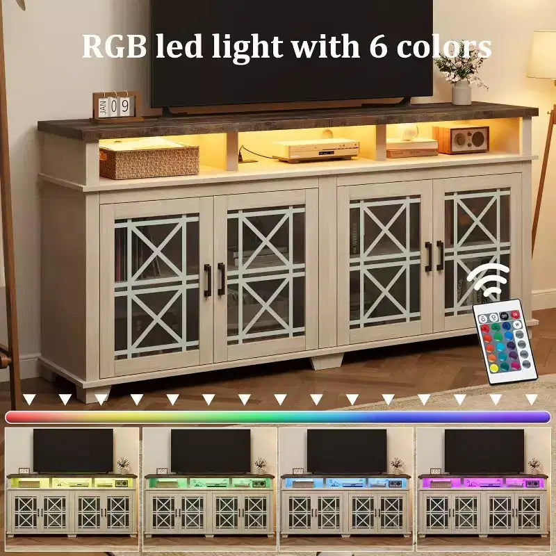 Meuble TV de ferme pour téléviseur de 70 pouces, meuble de divertissement moderne avec portes vitrées et rangement, meuble console média pour salon, blanc