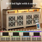 Meuble TV de ferme pour téléviseur de 70 pouces, meuble de divertissement moderne avec portes vitrées et rangement, meuble console média pour salon, blanc