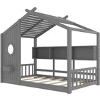 Lit cabane au sol avec étagères de rangement intégrées et toit en lattes
