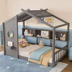 Polibi Floor House Bed with Built-In Storage Shelves & Slatted Roof