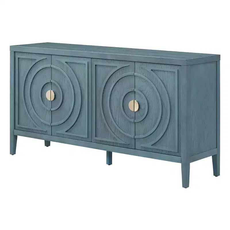 Buffet de salle à manger/salon avec portes rainurées circulaires et poignées rondes, Bleu antique