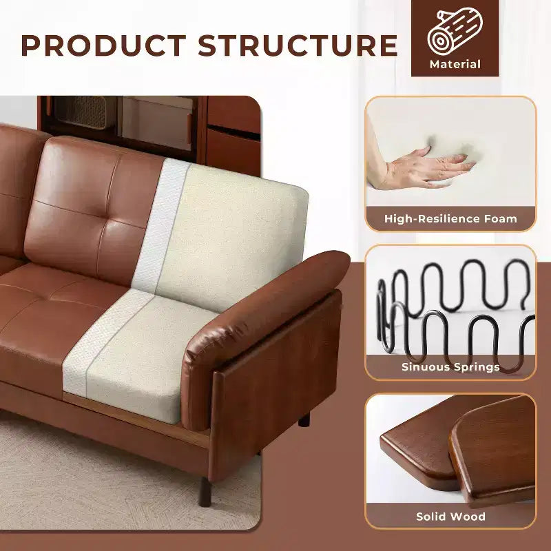 Canapé sectionnel de luxe en cuir marron du milieu du siècle de 228 cm, avec extérieur en bois massif et touffeté à la main pour le salon