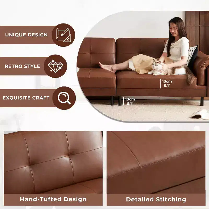 Canapé sectionnel de luxe en cuir marron du milieu du siècle de 228 cm, avec extérieur en bois massif et touffeté à la main pour le salon