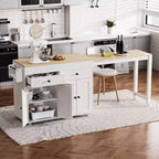 Îlot de cuisine de 189 cm avec table à manger extensible, chariot roulant avec 4 armoires, 2 tiroirs, porte-épices, étagères réglables