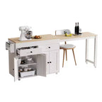 Îlot de cuisine de 189 cm avec table à manger extensible, chariot roulant avec 4 armoires, 2 tiroirs, porte-épices, étagères réglables