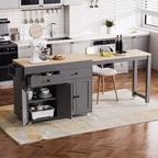 Îlot de cuisine de 189 cm avec table à manger extensible, chariot roulant avec 4 armoires, 2 tiroirs, porte-épices, étagères réglables
