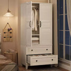 Wooden Armoire Wardrobe with Adjustable Shelf, 2 Doors, 2 Drawers, Aluminum Hanging Rod, Anti-Tip Safety Brackets, Silent-Close Hinges, Easy Assembly