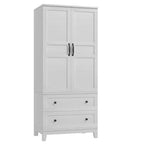 Armoire penderie en bois avec étagère réglable, 2 portes, 2 tiroirs, tringle en aluminium, dispositifs anti-basculement, charnières à fermeture silencieuse, montage facile