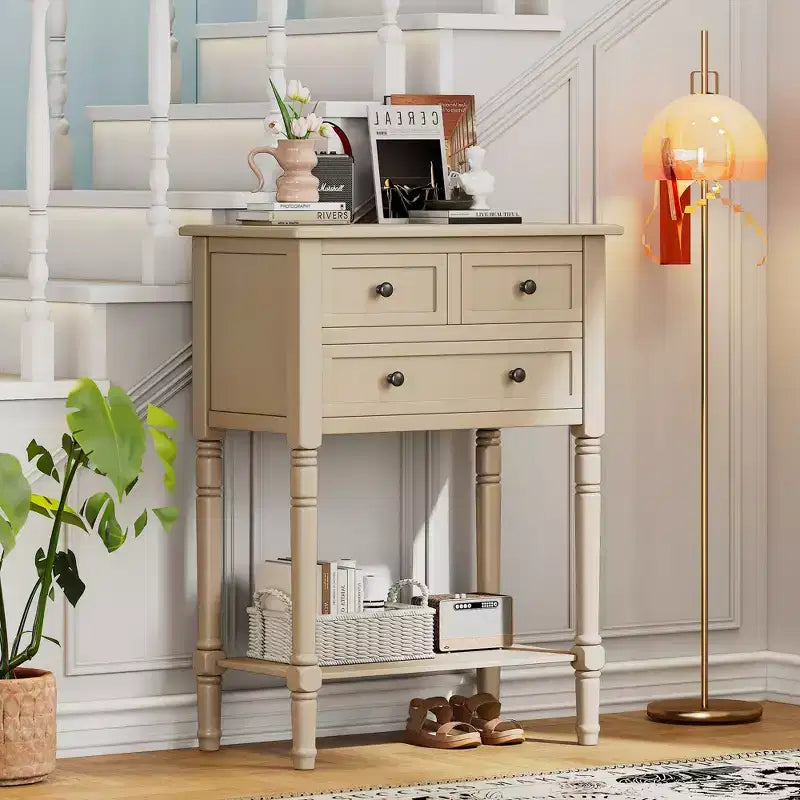 Table console étroite, table de canapé mince avec trois tiroirs de rangement et étagère inférieure, beige