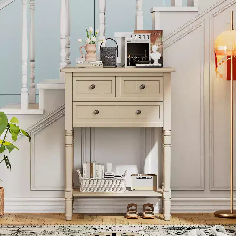 Table console étroite, table de canapé mince avec trois tiroirs de rangement et étagère inférieure, beige