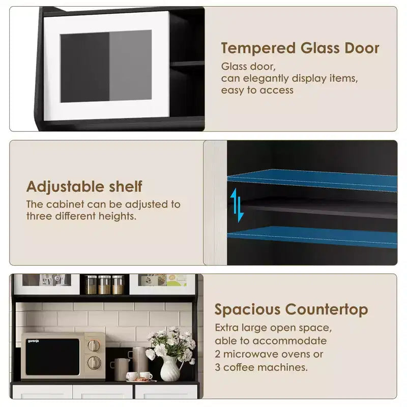 Meuble de rangement haut de cuisine de 1,70 m, meuble de bar à café avec 3 tiroirs et lumières, armoire de garde-manger autoportante