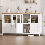 Grand buffet de 140 cm, meuble de rangement de cuisine avec portes vitrées, meuble bar à café de style rustique en bois, table de buffet de salle à manger avec rangement