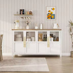 Grand buffet de 140 cm, meuble de rangement de cuisine avec portes vitrées, meuble bar à café de style rustique en bois, table de buffet de salle à manger avec rangement