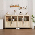 Grand buffet de 140 cm, meuble de rangement de cuisine avec portes vitrées, meuble bar à café de style rustique en bois, table de buffet de salle à manger avec rangement