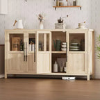 Grand buffet de 140 cm, meuble de rangement de cuisine avec portes vitrées, meuble bar à café de style rustique en bois, table de buffet de salle à manger avec rangement