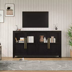 Grand buffet de 140 cm, meuble de rangement de cuisine avec portes vitrées, meuble bar à café de style rustique en bois, table de buffet de salle à manger avec rangement