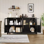 Grand buffet de 140 cm, meuble de rangement de cuisine avec portes vitrées, meuble bar à café de style rustique en bois, table de buffet de salle à manger avec rangement