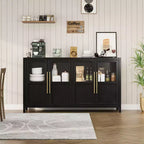 Grand buffet de 140 cm, meuble de rangement de cuisine avec portes vitrées, meuble bar à café de style rustique en bois, table de buffet de salle à manger avec rangement