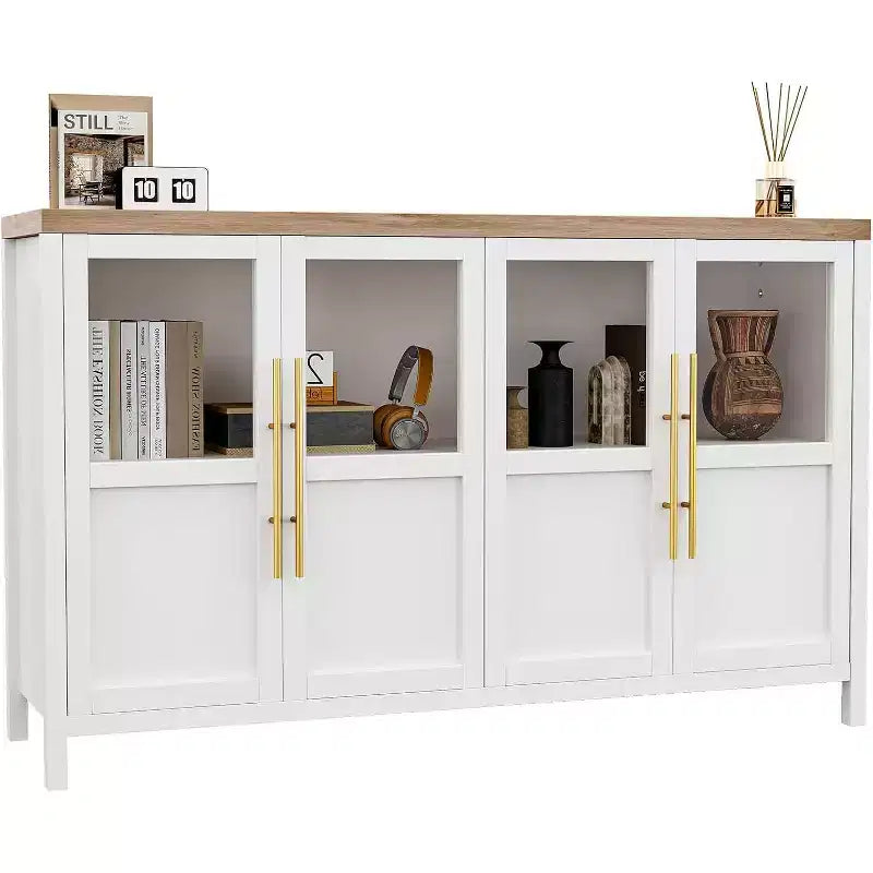 Grand buffet de 140 cm, meuble de rangement de cuisine avec portes vitrées, meuble bar à café de style rustique en bois, table de buffet de salle à manger avec rangement