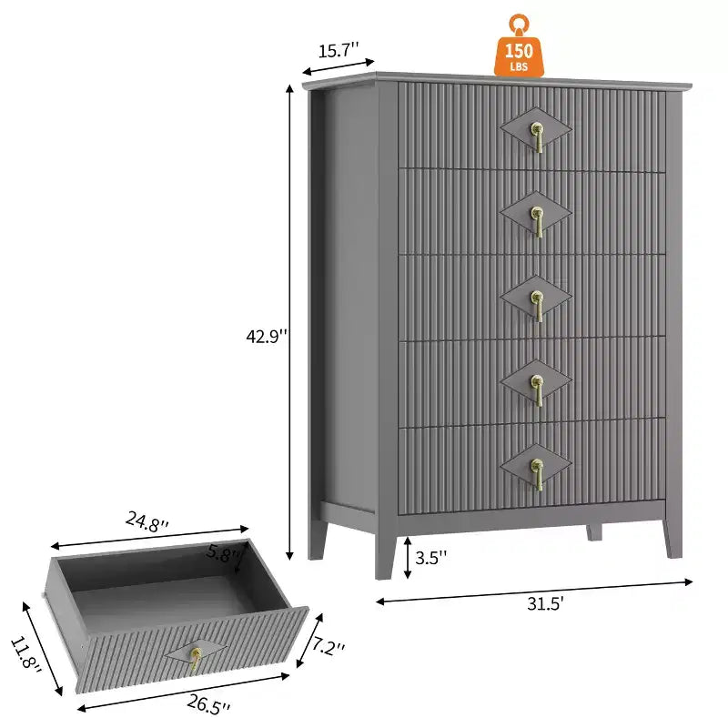 Commode Blanche Cannelée pour Chambre, Tour de Rangement Haute de 43 po avec 5 Tiroirs, Commode Moderne, Unité de Rangement pour Placard, Entrée