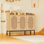 Buffet en rotin à 3 portes avec rangement, meuble de rangement pour chaussures en bois autoportant avec étagère réglable, meuble à chaussures étroit pour entrée