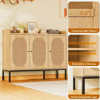 Buffet en rotin à 3 portes avec rangement, meuble de rangement pour chaussures en bois autoportant avec étagère réglable, meuble à chaussures étroit pour entrée