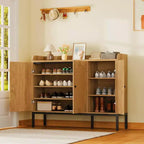 Buffet en rotin à 3 portes avec rangement, meuble de rangement pour chaussures en bois autoportant avec étagère réglable, meuble à chaussures étroit pour entrée