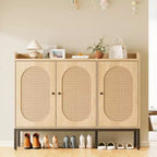 Rattan 3 Doors Buffet Cabinet with Storage Free Standing Wooden Shoe Storage Organizer Cabinet with Adjustable Shelf Narrow Shoe Rack for Entryway