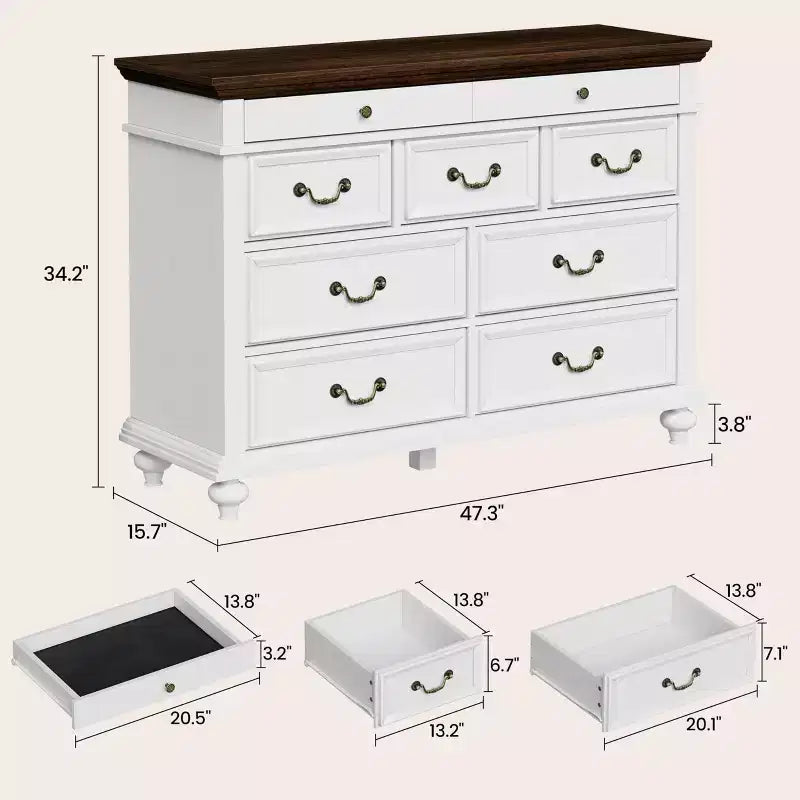 Commode de ferme à 9 tiroirs de 120 cm de large pour chambre à coucher et salon
