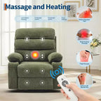 Fauteuil inclinable massant avec fonction de chauffage, fauteuil inclinable et pivotant à 360° pour adultes, fauteuil de nurserie en lin avec poche latérale, deux porte-gobelets