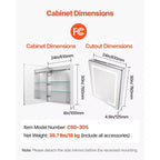 Armoire de toilette lumineuse avec miroir, 24 x 30 po encastrée ou murale, armoire de toilette à intensité variable 3 couleurs, argent