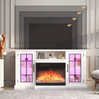 Meuble TV avec cheminée en verre à 3 côtés de 150 cm pour téléviseurs jusqu'à 65 pouces, console média rustique avec lumières LED, rangement avec portes vitrées, meuble TV blanc patiné