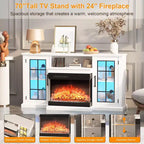 Meuble TV avec cheminée en verre à 3 côtés de 150 cm pour téléviseurs jusqu'à 65 pouces, console média rustique avec lumières LED, rangement avec portes vitrées, meuble TV blanc patiné