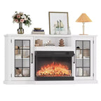 Meuble TV avec cheminée en verre à 3 côtés de 150 cm pour téléviseurs jusqu'à 65 pouces, console média rustique avec lumières LED, rangement avec portes vitrées, meuble TV blanc patiné